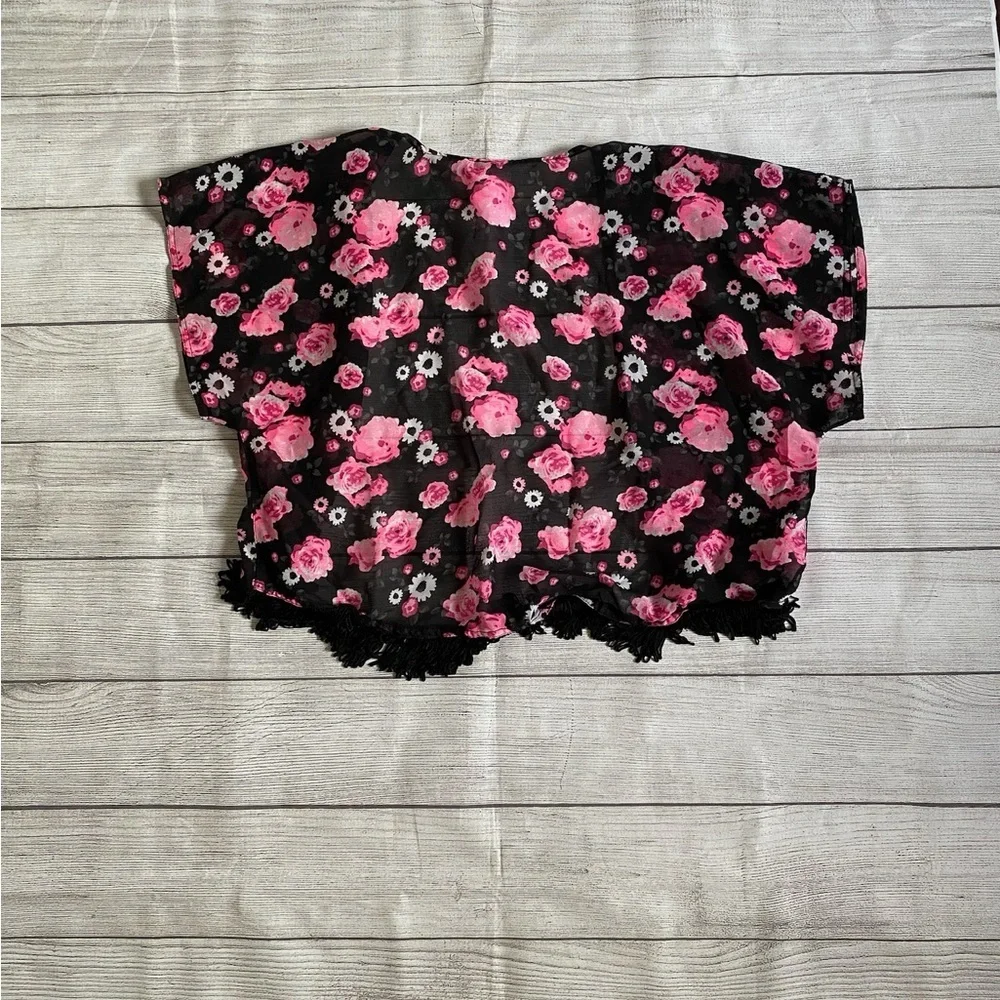 Justice Girls’ Black and Pink Floral Kimono Top with Black Fringe in Size 8/10